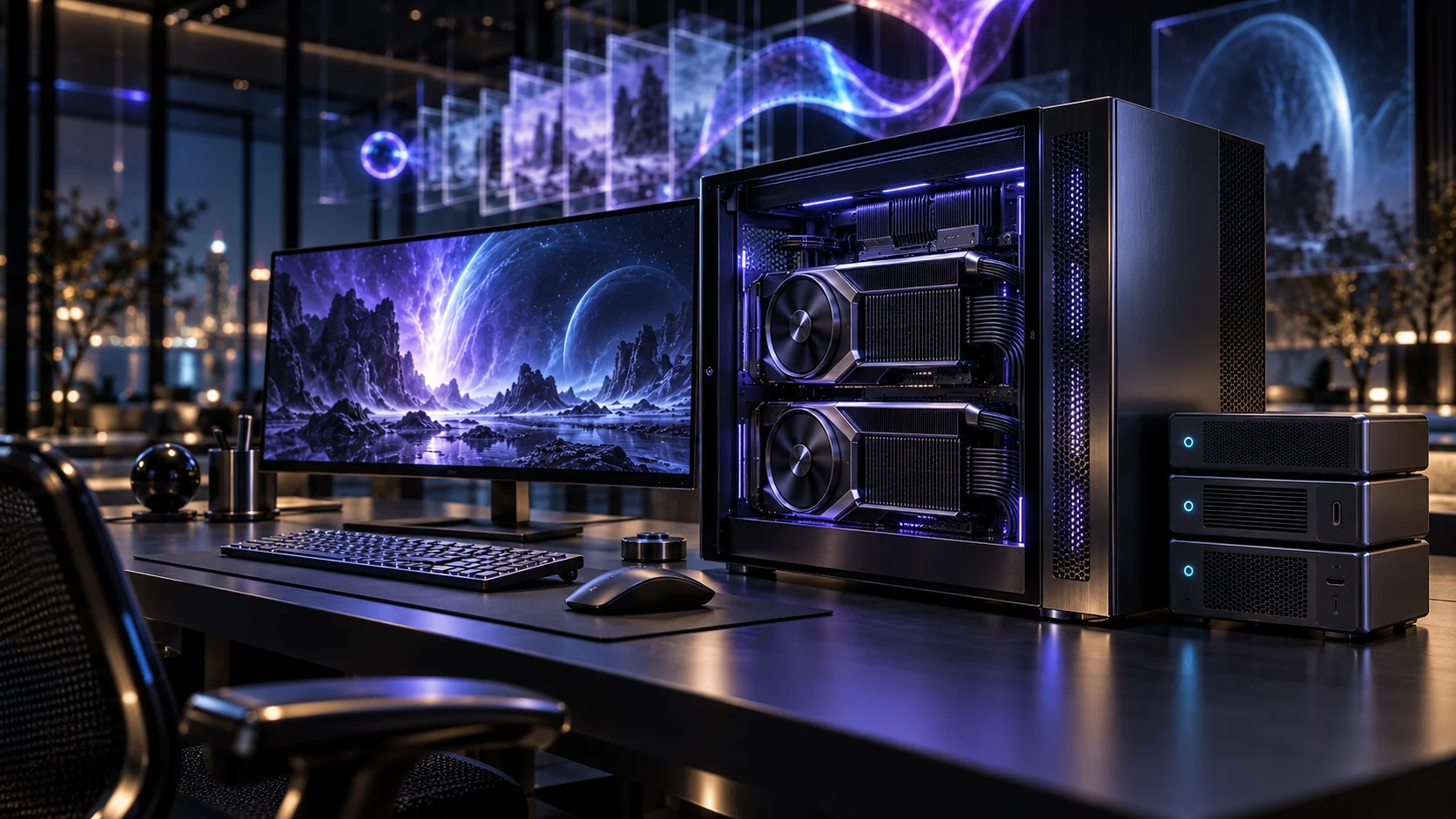 Concept illustration of a workstation, accelerator-like components and storage modules.