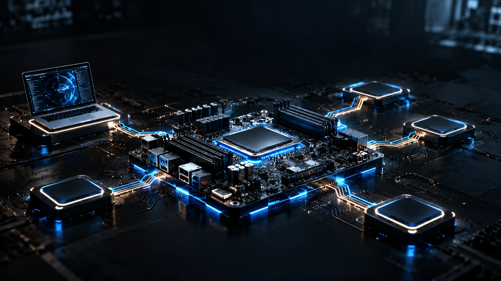 Cinematic Ghost Board concept with a central motherboard, blue circuit branches, one generic founder laptop and empty future connections.